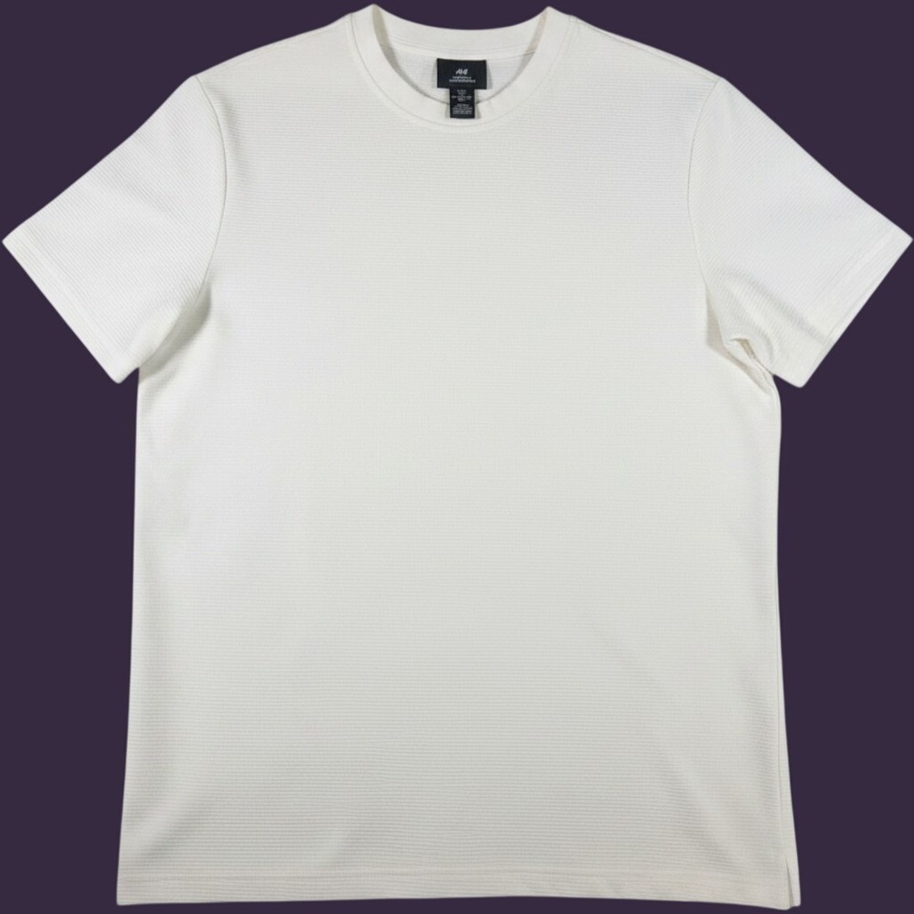 H&M T-Shirt Mens Medium White Cotton Blend Textured Rib Casual Short Sleeve